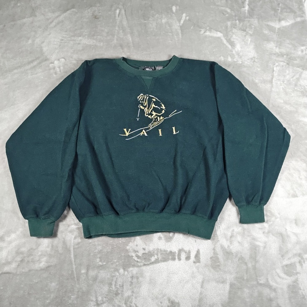 Vintage Vail Sweatshirt Mens Medium Ski Green Colorado Snowboard 90s Embroidered